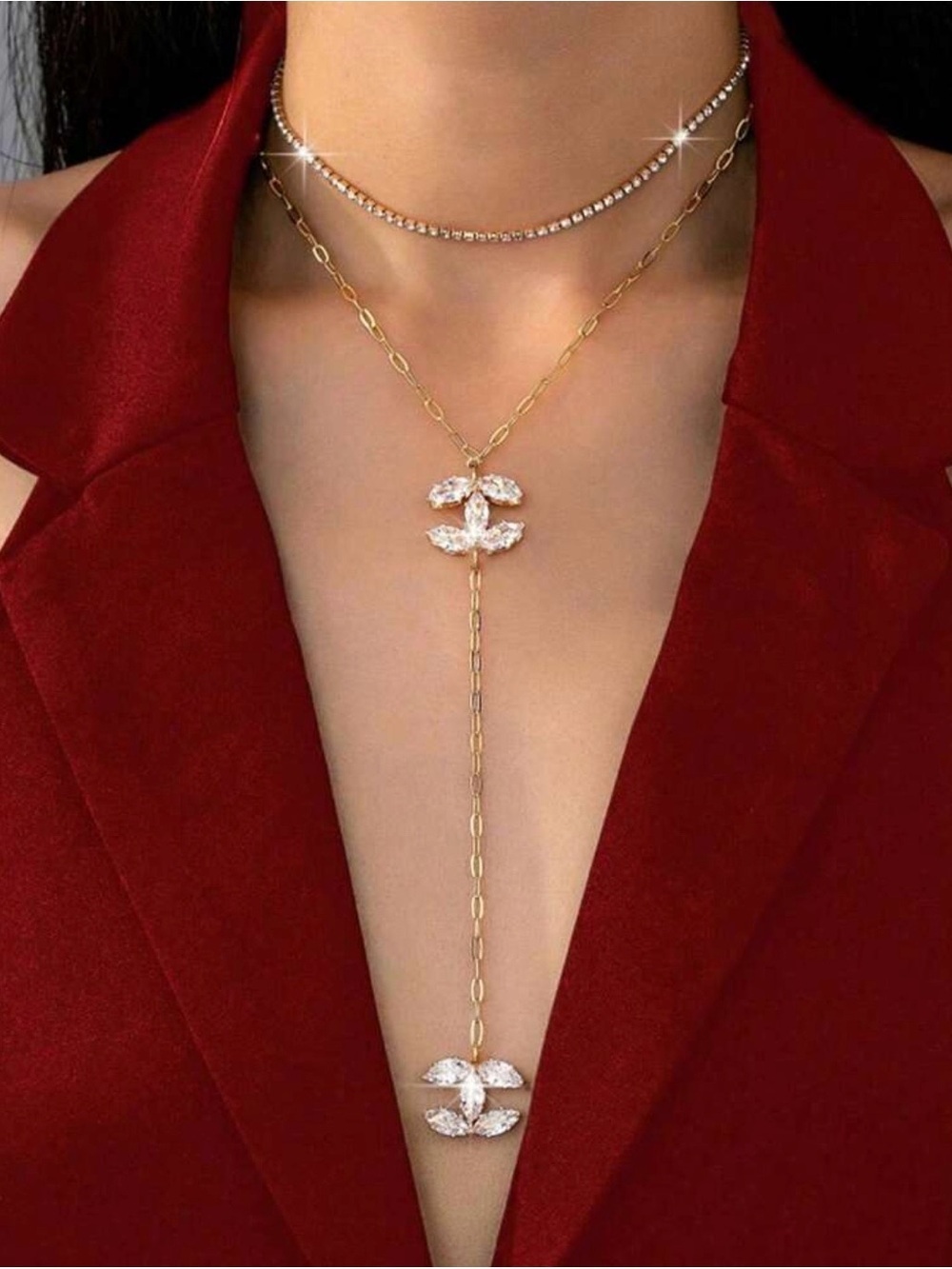 CC Logo Gold Double Crystal Lariat Necklace - Elegant Gold Y-Drop Jewelry